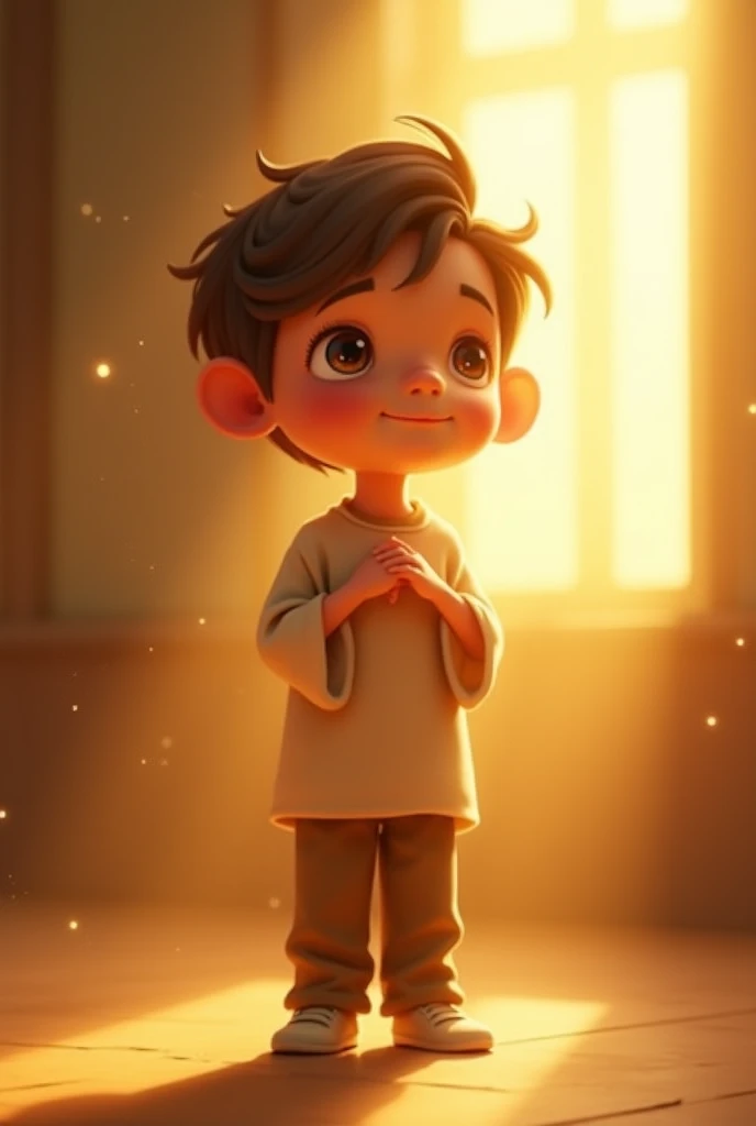 Boy in robes kneeling with a white light on the top right, animated Pixar style