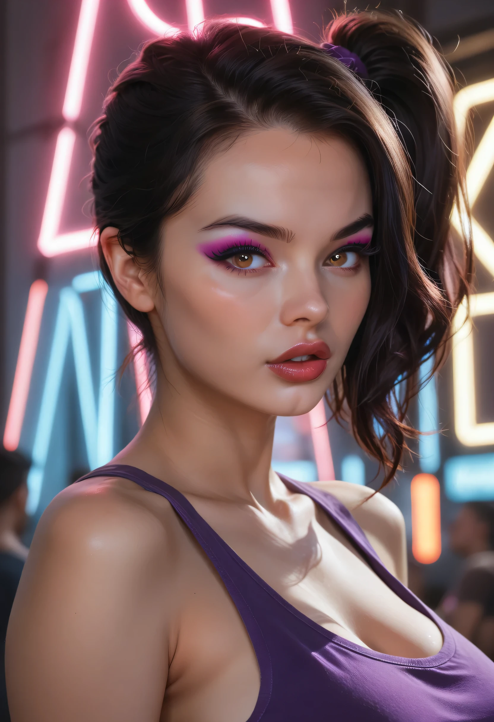 woman, (perfect face), detailed pupils, side ponytail, black hair, black thin eyebrows, brown eyes, purple eyeshadows, black eyeliners, nose, dark red lips, thick lips, parted lips, tank top, purple tank top, large breasts, ((neon light))