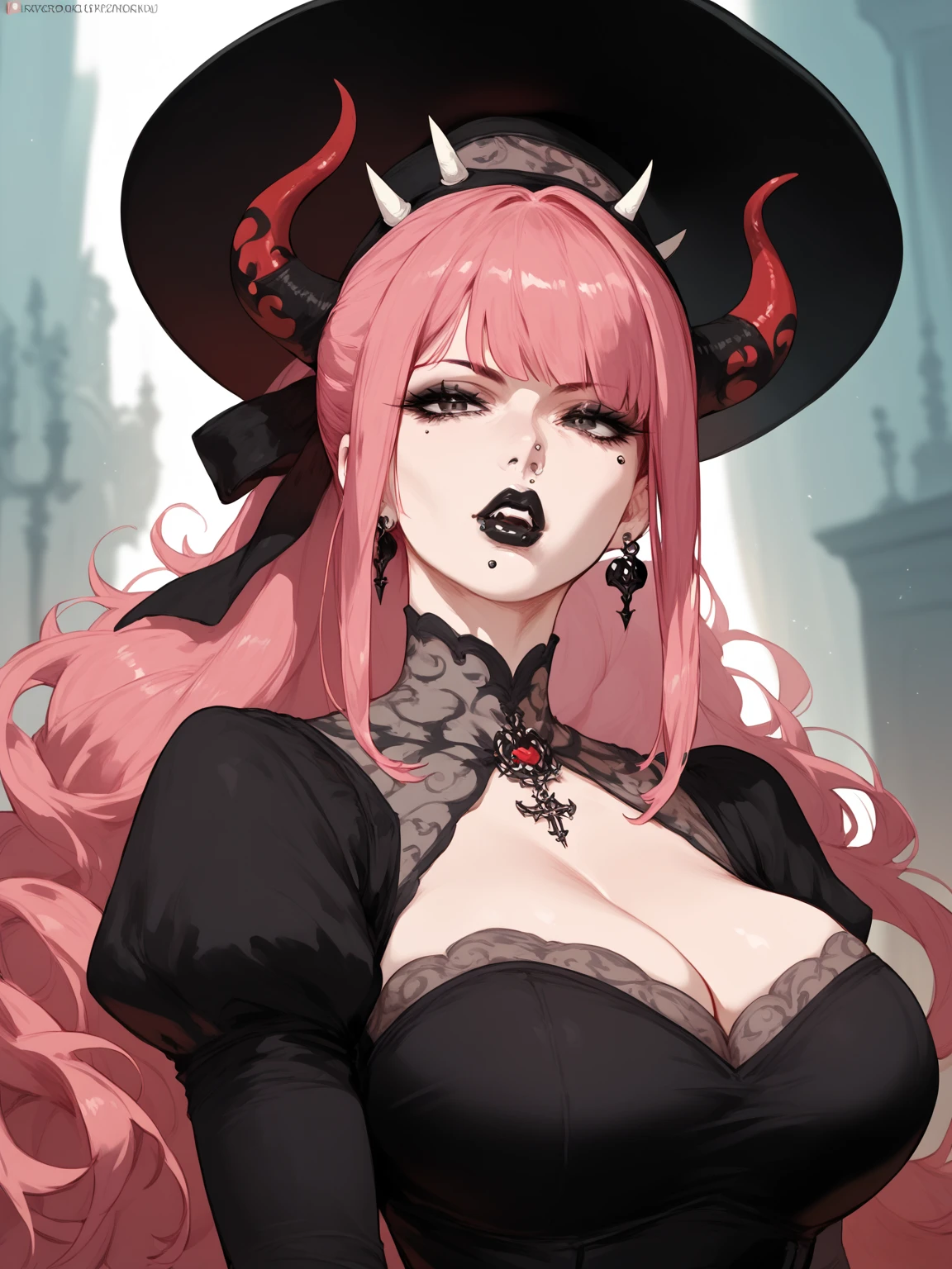 kuroda kazuya, score_7_up, source_anime, very aesthetic, absurdres, rating explicit, 1girl, solo, looking at viewer, blush, cowboy shot, large breasts, cleavage, grey lips, bare shoulders, black gloves, choker, corset, demon girl, demon wings, elbow gloves, eyeliner, gloves,  pale skin, ponytail, red hair, wings
