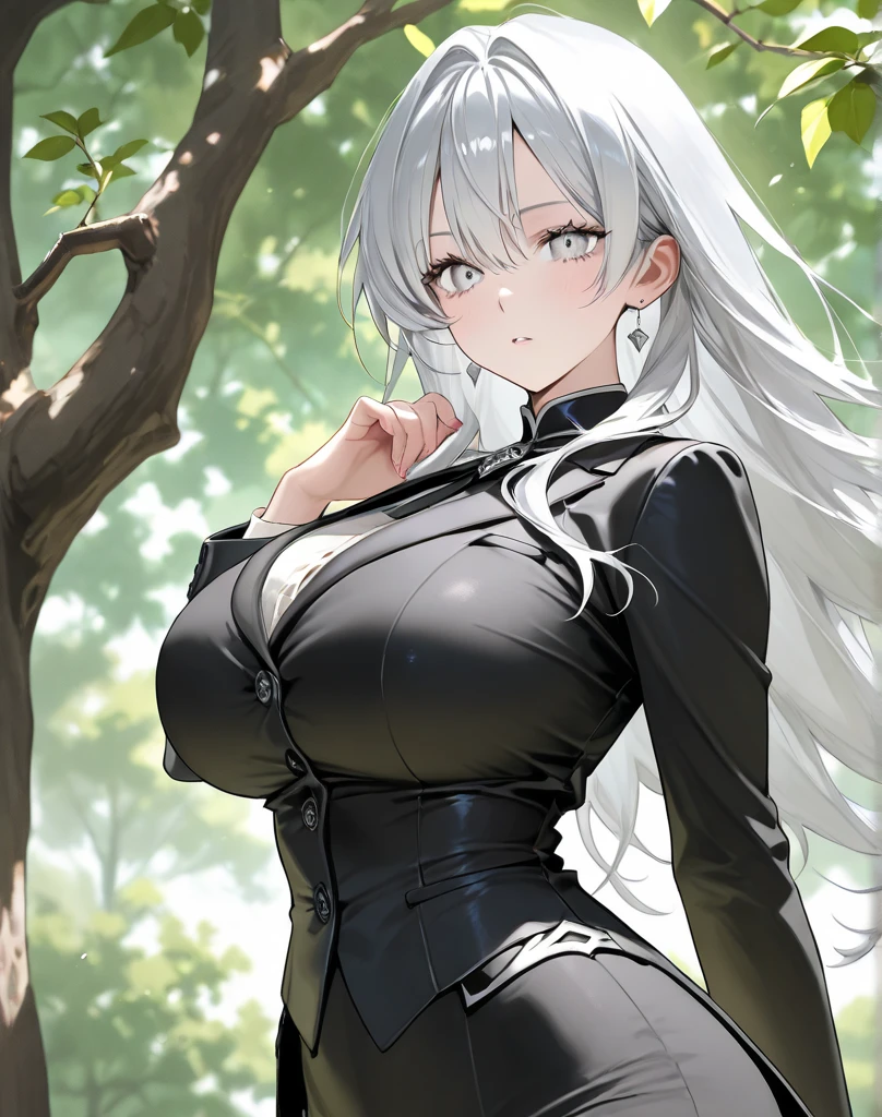 a beautiful girl with long white hair, wearing a police uniform, slender figure, (large breasts), (large bottom), (handcuffed), (trapped)