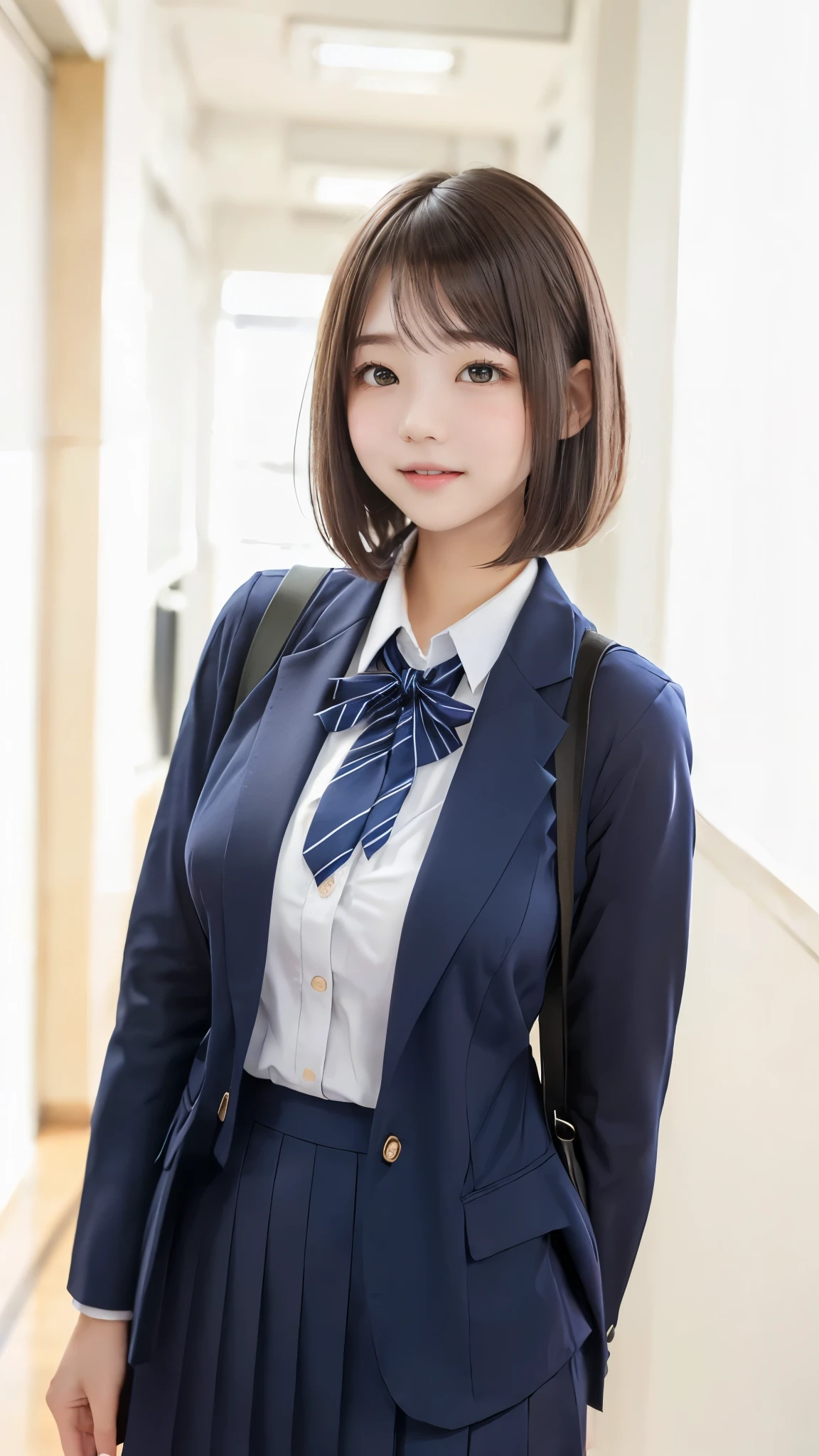 Transcendental cute high school girl、uniform pose、 no bangs、knee-length skirt that sticks out gig、thin thighs、((has a smiling face))、bob cut、school hallway、Slender Body、beautiful breasts、Highest Quality、best quality、Max Masterpiece、(Perfect Anatomy:1.2)、(detailed hands:1.3, perfect right hand:1.3)、( detailed legs:1.3, thin thighs, beautiful feet)、(beautiful breasts、Breast bag)