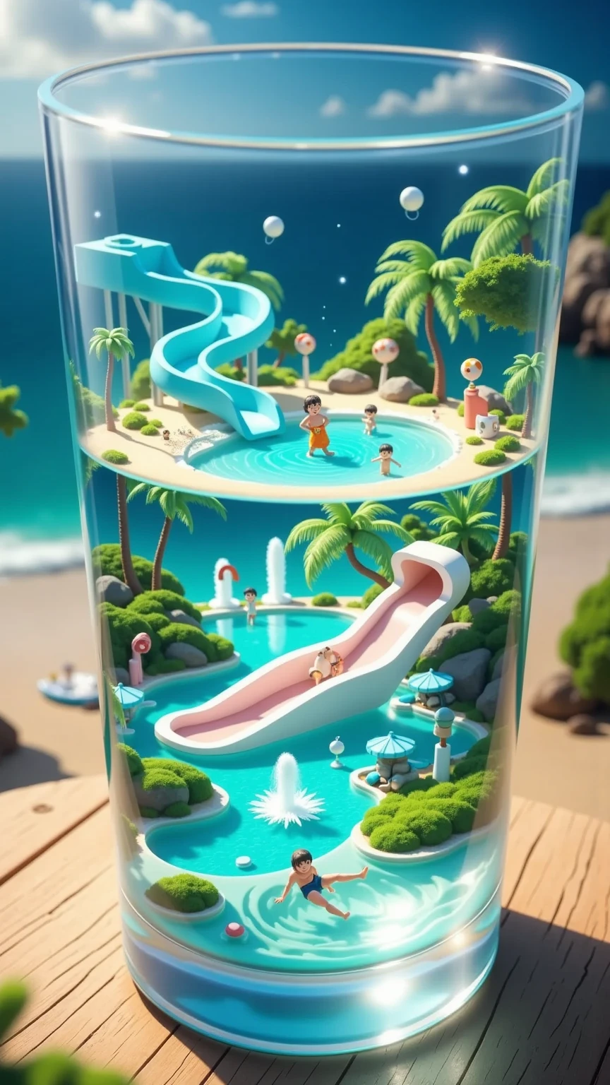 (Water park:1.5),Another world in a glass,a miniature world in a glass,background is beach