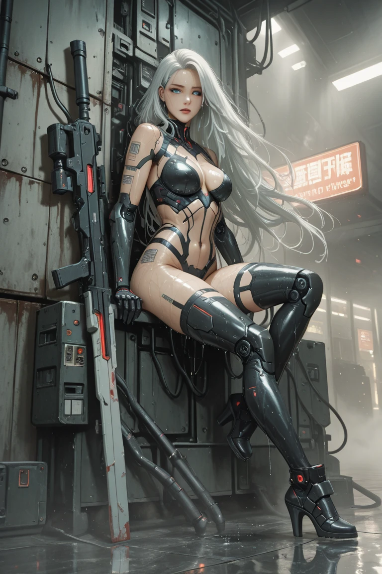 A stunning futuristic photograph Showing The Full Body of a beautiful Caucasian military lady with dark, flowing hair, dressed in a futuristic fashion bikini top and tight booty shorts, donning stylish sunglasses and fashion couture military boots. She confidently holds a massive cyberpunk-style sniper cannon over her right shoulder. The scene is set in an intricate cosmic futurism environment, filled with whimsical surroundings and ethereal liquid light particles that rain vivid light everywhere. The artwork is executed in an amazing hyperrealistic style, capturing every intricate detail flawlessly. The image quality is at its best, with UHD, HDR, DOF effects, and shot with a DSLR camera capable of 8K resolution. The artist used the Fujifilm X4.Manga and Counterfiet-V3.0 techniques to create this mesmerizing masterpiece.