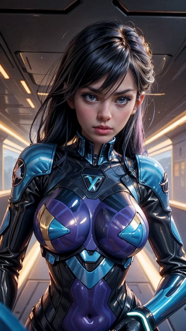 A perfect sexy and beautiful, exuberant and very young cybernetic android warrior with black African and oriental features, Japanese and Chinese, mixed with the clone of the Greek warrior goddess Athena, with huge super ultra mega giant breasts, Brunetette, very thin waist, very tanned and sweaty, huge  ass, steep, HARD AND MUSCULOUS, Purple colored eyes, with barcode tattoos, transformed into a super sensual and extremely super ULTRA HIPER muscular astronaut goddess, fitness, bodybuilder, fit bodybuilder and weightlifter, very muscular thighs wearing very short punk style hair, super radical and purple and very smooth in locks, wearing sexy cyberpunk battle outfits, seen in the form of a hologram made only of light energy, coastal view, administrator and leader, queen goddess of a gigantic fleet of thousands of spaceships and hundreds of planets of her powerful stellar empire running courageously across the bridge of a star cruiser wearing a holographic helmet in the Corinthian battle format with a visor and horsehair topknot, of luminous Athenian warrior, electronic and futuristic looking very sexy pose