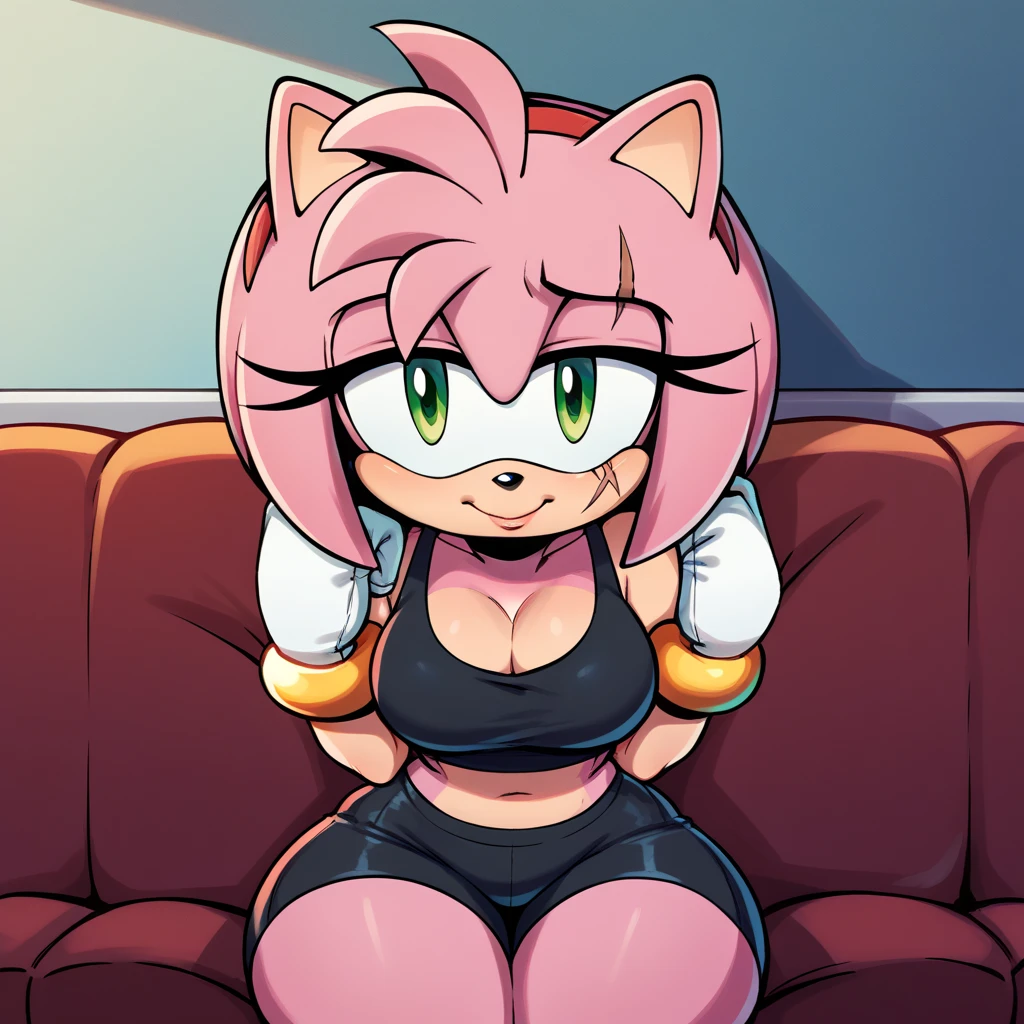 [amy rose], [Uploaded to e621.net; (Pixelsketcher), (wamudraws)], ((masterpiece)), ((high quality)), ((HD)), ((solo portrait)), ((full body)), ((POV)), ((front view)), ((furry; anthro)), ((detailed fur)), ((detailed shading)), ((beautiful render art)), ((intricate details)), {anthro; pink fur, black nose, (cute green eyes), (short eyelashes), (pink eyeshadow), (beautiful feet), (camel toe), (sweating), (blushing), (frown), (clenching teeth)}, {(white tank top pink lining), (small boobs), (nipple outline), (pink spandex yoga pants), (black toeless socks), (pink flower in hair)}, {(on yoga mat), ( hands on the floor), (sitting on the floor), (footjob), (both feet on viewer's penis), (looking down)}, [background; (tropical forest), (living room), (window), (sun rays), (pink laptop on floor)]