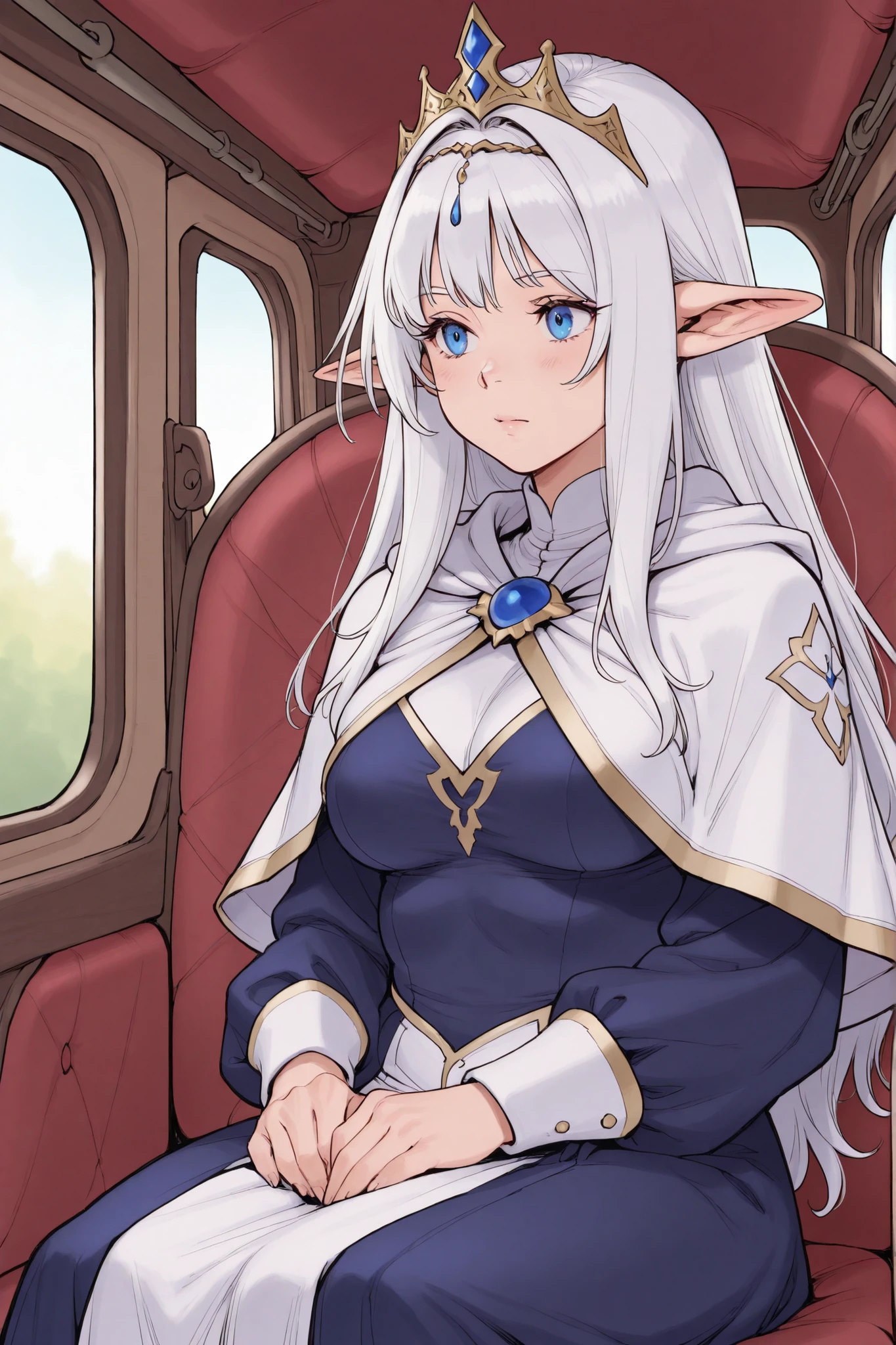 1 plumb girl, long white hair, blue iris, pointy ears, voluptuous, medium breasts, tiara, dark blue dress, white capelet, sitting, carriage interior, hands on lap