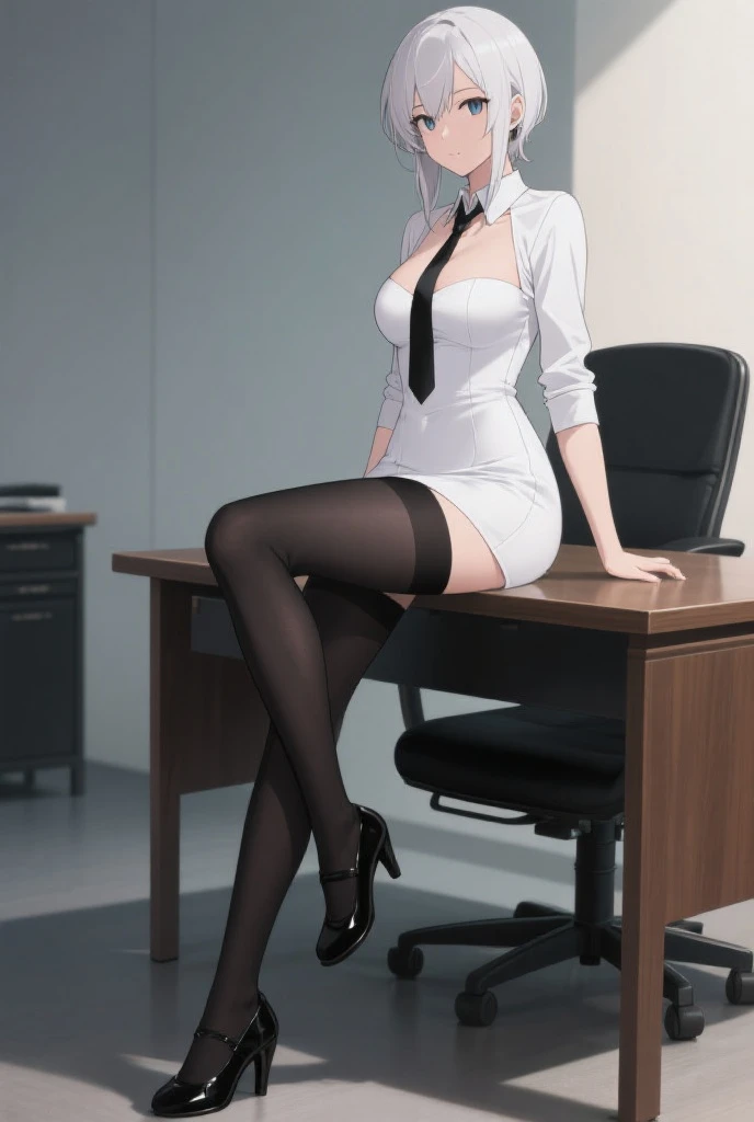 1 girl,masterpiece、beautiful lighting、Detailed beautiful face、Detailed beautiful eyes、hight resolution、Ultra-fine illustration、extremely delicate and beautiful、top-quality、The whole body is shown,、(A dark-haired、poneyTail:1.7), (eye glass:1.2)、Focus Leg、Curvaceous, beauty legs、(Sit on a chair and cross your legs:1.2),(shinny hair, Glossy eyes, shinny skin), (glistning skin) ,(Business suits、tight skirts,Shirt、Sleeveless ),Armpit、armpit、thighs thighs thighs thighs、A smile、black thighhighs、Watch your audience、under the boobs、blushed、perspiring、Jeweled、thick thight、(white panty hose:1.7)、Blushing cheeks、a short skirt、Show thighs、high-heels
