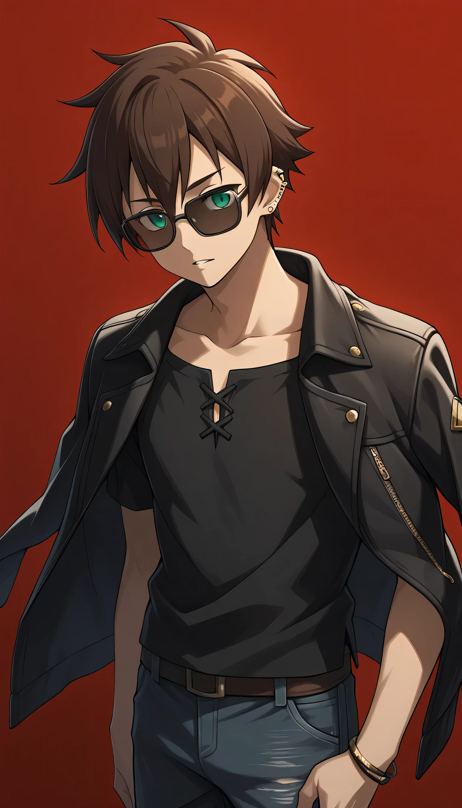 Give your images flat even illumination (negative) or dramatic chiaroscuro lighting (positive).1boy, male_focus, solo, brown_hair, red_background, pants, jacket, jewelry, simple_background, sunglasses, shirt, parted_lips, , black_shirt, earrings, short_hair, green_eyes, looking_at_viewer, denim, jacket_on_shoulders, bracelet, standing, ear_piercing, piercing, feet_out_of_frame,Kazuma-Liver020