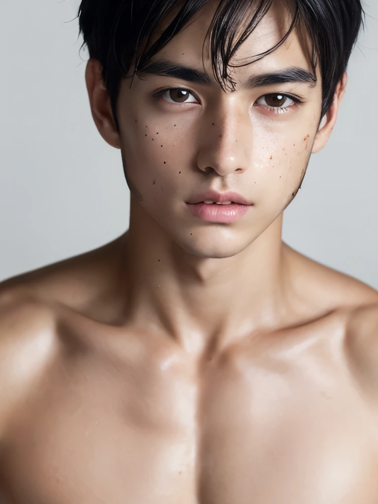 Handsome Japanese male model, 21 years old　Black Hair　short hair　Short cut　Baby Face　Staring straight into the camera with a stern look　Beautiful Skin　slim and muscular　intense　My eyes are watering　blush 　Nude from the shoulders up　　no background　No background 　face from the front
