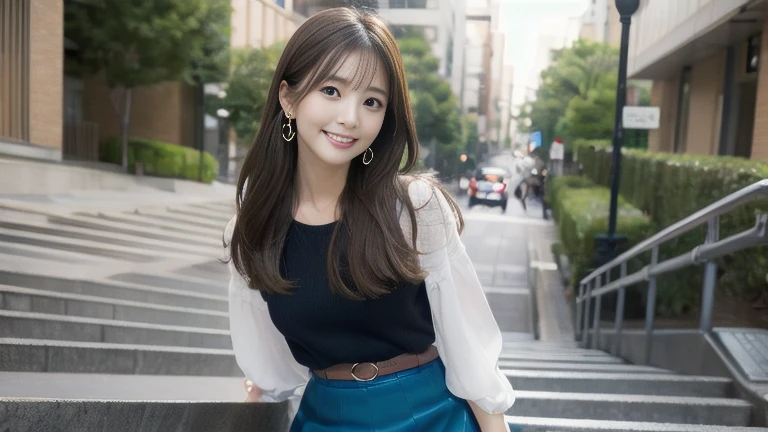 Produce the highest quality and highest resolution 8K images。Please draw the upper body of a 20 year old Japanese woman.。Please draw a picture of a walk through a city at night with beautiful neon lights.。She has brown eyes and a model-like figure、She has an idol-level cute face.。The hair is wavy。Clothes、Dressed in stylish office casual wear。The skin is、It is a natural skin color。she、Looking at you with a smile。