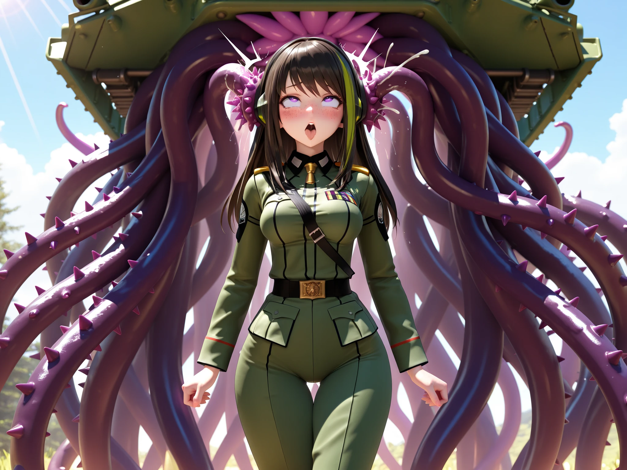 Masterpiece, best quality, amazing quality, absurdres, very aesthetic, lazypos, 3D, 1 woman, (black long hair with green stripe, purple eyes, tall, slim, medium-small breast, large hip, (thigh gap:1.25), freckles), (wearing green military tank officer uniform), (natural sunlight with soft shadows, day, fantasy-themed atmosphere), (M4A3), (standing, aroused, blushing, ahegao, eyes roll, orgasm), (tentacles, spiked tentacles, ear penetration), (confident, adventurous, detailed face, detailed eyes), angle from below
