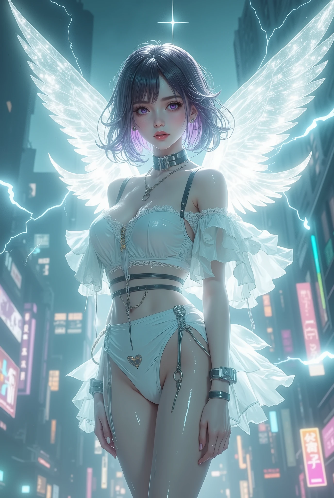 a woman with angel wings, in a white dirty torn dress with bandages on her arms and legs, sitting on a ledge, sitting against the background of yellow and blue lights, rain, muted colors, bokeh ((masterpiece, best quality)), high detail, detailed face, blood particles, full body --auto