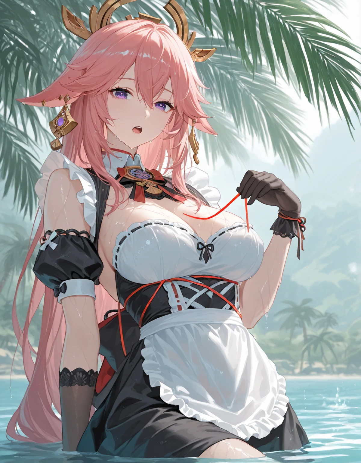 1 girl, game CG, black string bikini with sleeveless frills, cleavage visible, navel visible, maid's hair accessory, maid's small apron, gigantic breasts, pink hair, long hair, low twintails, princess hairstyle, ahoge, pink eyes, sea, sandy beach, trees, joy,