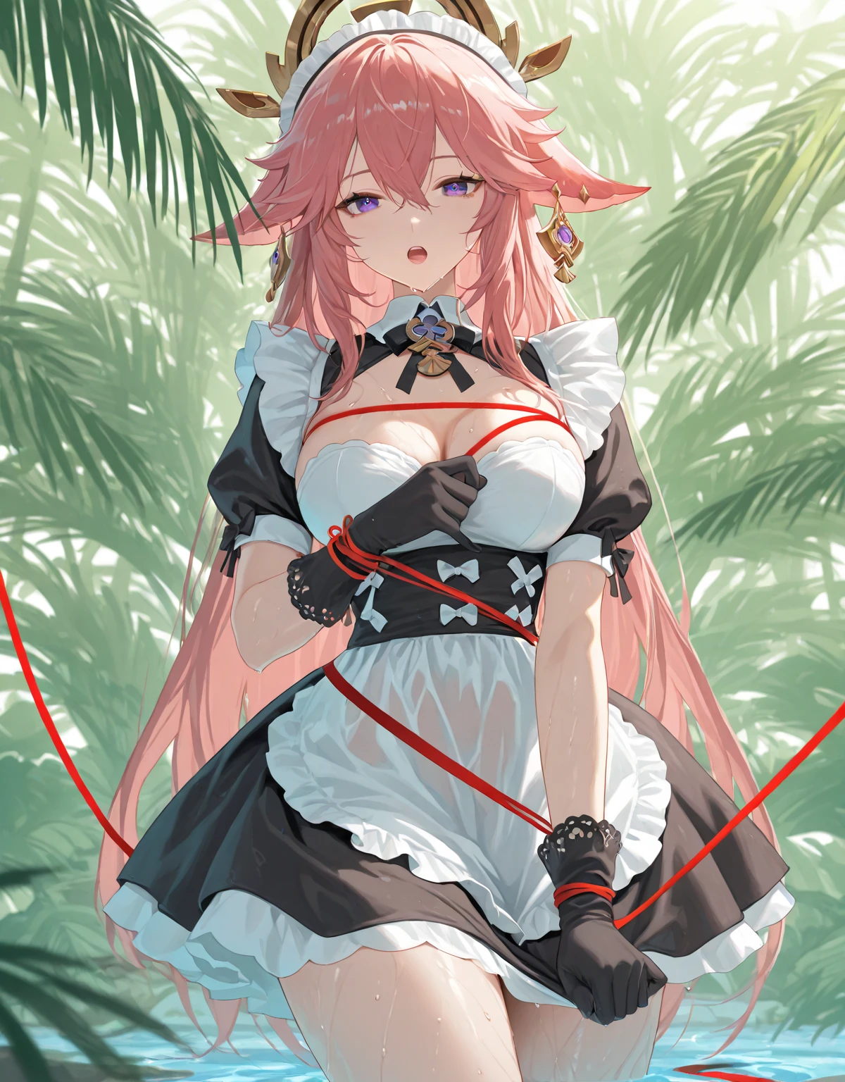 masterpiece, ultimate madoka, yellow eyes, white dress, full body, glossy lips, medium breasts, tears, crying, (quicksand:1.5)