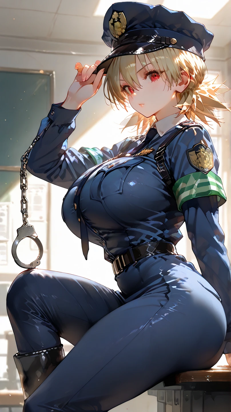 (get used to it, masterpiece, highest quality, Complex),

cinematic lighting、(key light：Front diagonal 45 degrees, fill light、Backlight、Shadow、blue and orange color palette), accurate human body、knowledgeable person、Correct five-finger、cowboy shot, Kyoka Tachibana,

big breasts, 
(Cinematic Digital Artwork: 1.3), High quality, masutepiece, of the highest quality, Super Detail, Illustration, [4K Digital Art]、(Moody lighting:1.2), depth of fields, Bokeh, 4K Solo, (Elite Detective、Police Uniform, policewoman), Stockings, City lights, (gaze at the audience: 1.3), Lips apart, Red lips, Shiny skin, dent in the skin, Best Quality, Ultra High Resolution, (Realism: 1.4),Fingers in someone else's mouth, Open mouth, biting fingers, Finger sucking, licking, tongue, tusk, Tongue out, POV, pov hand, Saliva, tongue、(steam,Sweat), ((a miniskirt)), Interrogation room、darkened room、Stainless steel desk and pipe chair、Katsudon and lighting on the desk、Cuffed、(((Looking up angle)))