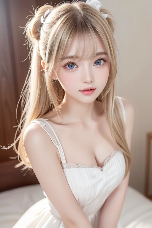 highest quality　Shining, clear, white skin、Her windblown blonde hair hides her beautiful face、huge、20 years old cute sexy little beautiful face、Beautiful straight hair that stands out、growing up, Sparkling light blue eyes、long silky bangs that cover cute eyes, Sexy and cute young woman with super long hair hiding her sexy face、Super long, natural platinum blonde shiny hair　Beautiful bangs that cover the forehead and reach the eyebrows　Beautiful chest　whole body　Lower Body　Overall image　Sensual pose　　Sexy floral lace top and bottom split underwear　　They are trying to seduce me.　A devilish look　peace sign　The underwear is small　Hair Nude　He has a white stick in his hand and is about to lick it.　　He has his mouth open and his tongue sticking out as if he is about to lick something in front of him.　Looking up, sticking out his tongue and trying to lick　Mouth and facial expression