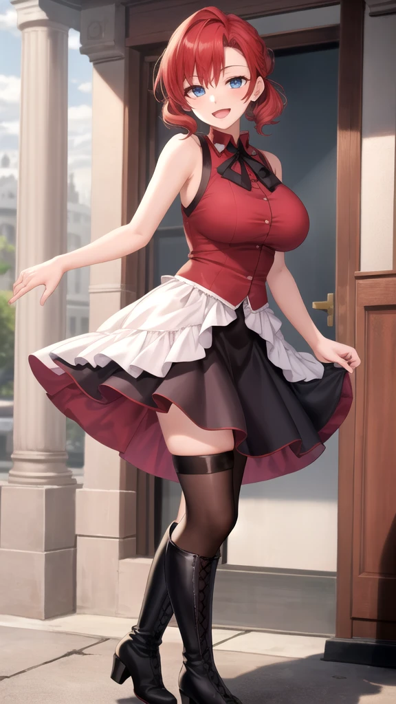 natural lighting, masterpiece, highly detailed, illustration, game CG, absurdres, high quality, medium breasts, 1girl, solo, redhead, hair ornament, ponytail, glossy lips, sleeveless idol dress, very puffy skirt, flared skirt, thigh highs, heeled boots, full body