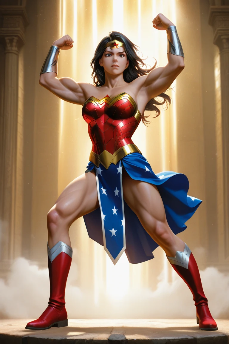 ((full-body photo, feet on the ground,)). (from behind: 1.3), (full body: 1.3), Wonder Woman, (intricate details, makeup), (delicate and beautiful delicate face, delicate and beautiful delicate eyes, face with perfect proportions), (realistic glowing skin: 1.0), delicate skin, strong and realistic blue eyes, realistic black hair, lips, makeup, natural skin texture, tiara, jewelry, stars \(symbol\), leotard, bulletproof gauntlets, red boots, golden belt, (public clothing: 1.5), bare shoulders, slightly sunburned complexion,   Mature, sexy, elastic muscles, (muscles:1.2), ((strong and healthy body)), ((((more) muscles))), long legs, curves, (big breasts: 1.3), split, thin waist, soft waist, (delicate skin), (beautiful and sexy woman), (swollen lips: 0.9), (eyelashes: 1.2), very delicate muscle definition, perfect body, extreme exhibitionism, very tight body. ((There are several waterfalls from the Temple of Poseidon)). ((hair and body very wet)). She stares at viewers, smiles, clenches her fists, fights positions, animations, deadly combat, 16k, high quality, high detail, award-winning high resolution, textured skin, anatomically accurate, masterpiece, ccurate, UHD