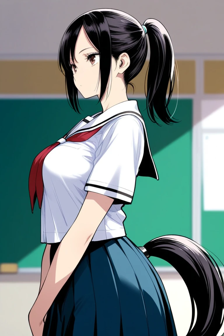 some animated video art of a sexy asian woman with chinese writing on her butt, 1girl, solo, ass, body writing, ponytail, school uniform, from behind, white background, simple background, facing away,KelvinHiu,chubby girl, plump, chubby, curvy, big belly, 