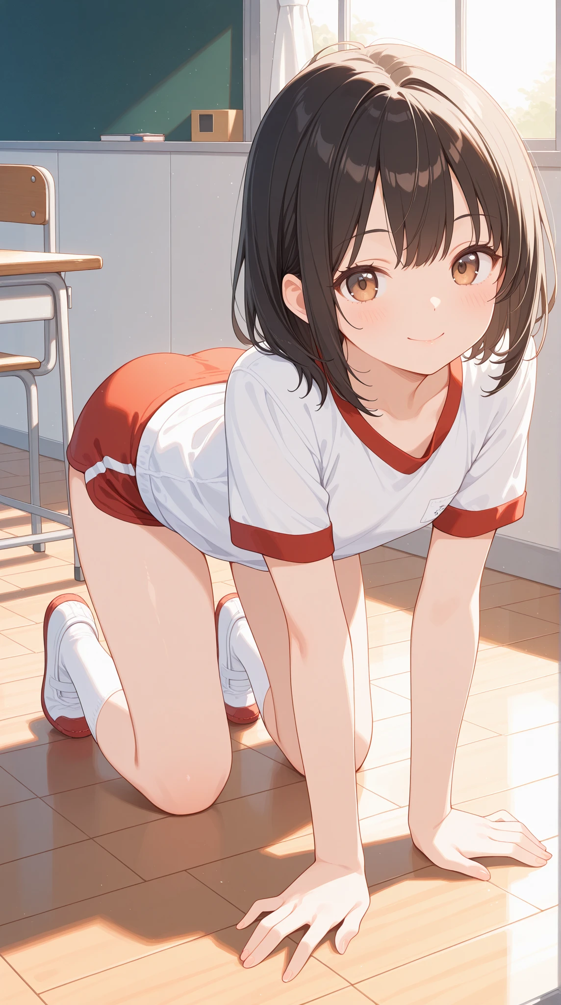 <lora:cheer_sd:1>, ch33r, 1girl, bare arms, midriff, red outfit, back view