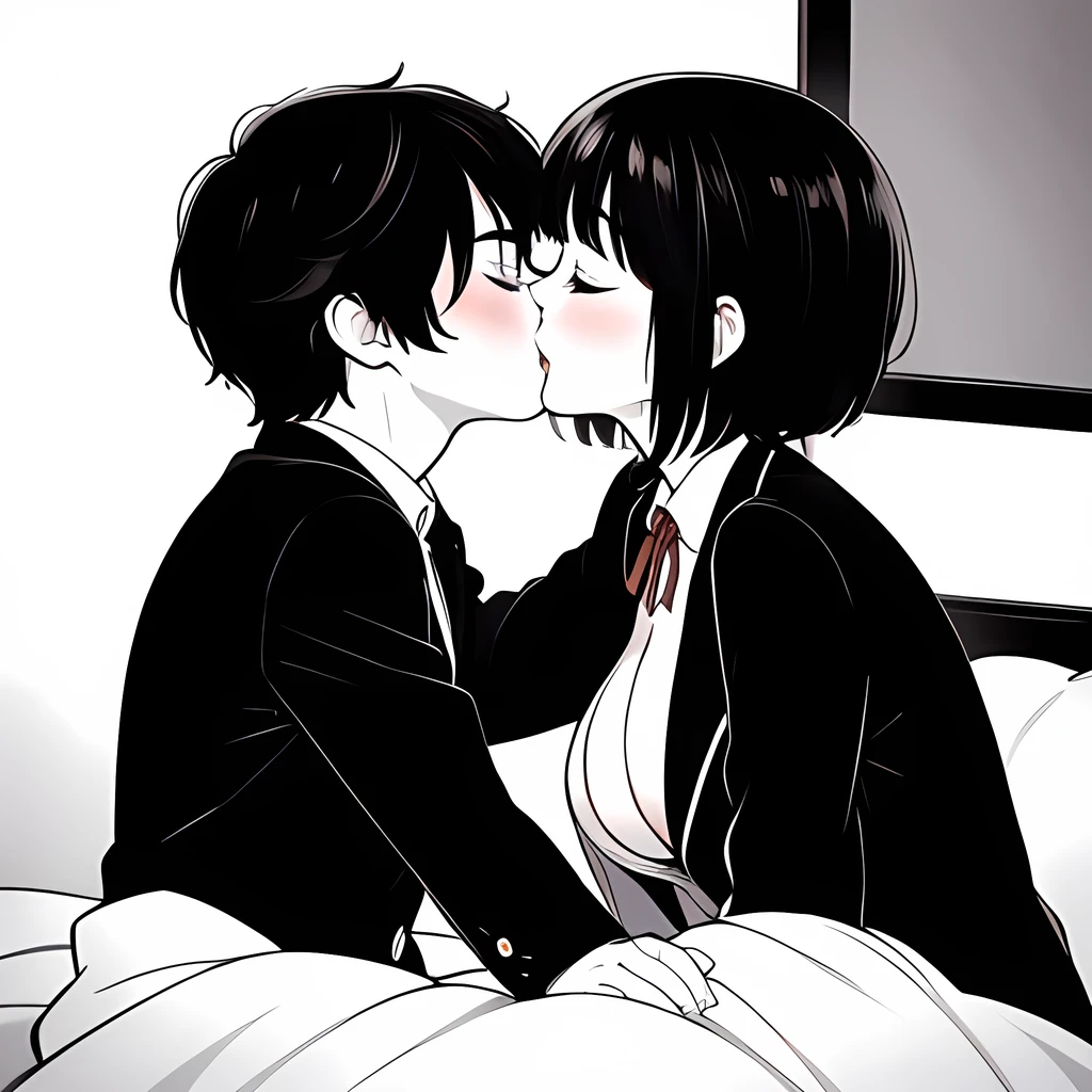 ((( Line art ))),((( monochrome:1.1))) ,1girl,1boy ,(((kiss:1.5))) ,iris , Dark Eyes ,( small eyes ),(Slanted Eyes) ,(black hair),( short hair ),bangs ,(half closed eyes),smile,embarrassed,(((short stature:1.2))),(black blazer ),white shirt ,red ribbon ,(big breasts ), (disproportionate breasts) ,in the house ,(((sitting side bed ))),in bedroom,upper body ,(((girl focus))),angle from side,