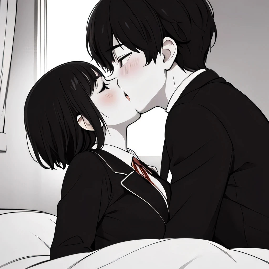 ((( Line art ))),((( monochrome:1.1))) ,1girl,1boy ,(((kiss:1.5))) , 1 boy , black hair,short hair,white shirt , 2 girl ,iris , Dark Eyes ,( small eyes ),(Slanted Eyes) ,(black hair),( short hair ),bangs ,(half closed eyes),smile,embarrassed,(((short stature:1.2))),(black blazer ),white shirt ,red ribbon ,(big breasts ), (disproportionate breasts) ,in the house  ,(((sitting side bed ))),in bedroom,upper body ,(((girl focus))),angle from side,
