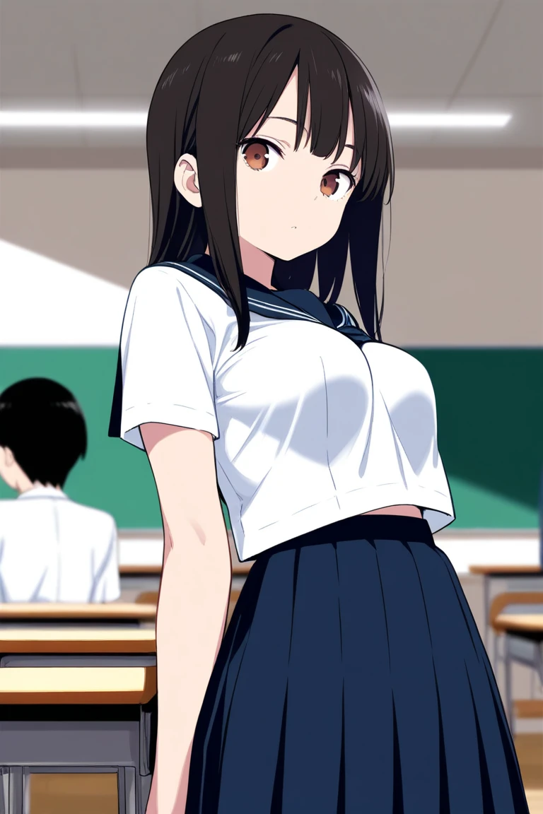 Create adult content images of a teacher with black hair in front of the blackboard, the teacher is naked, without any clothes, on the upper part of her body and wearing a short skirt on the lower part.
