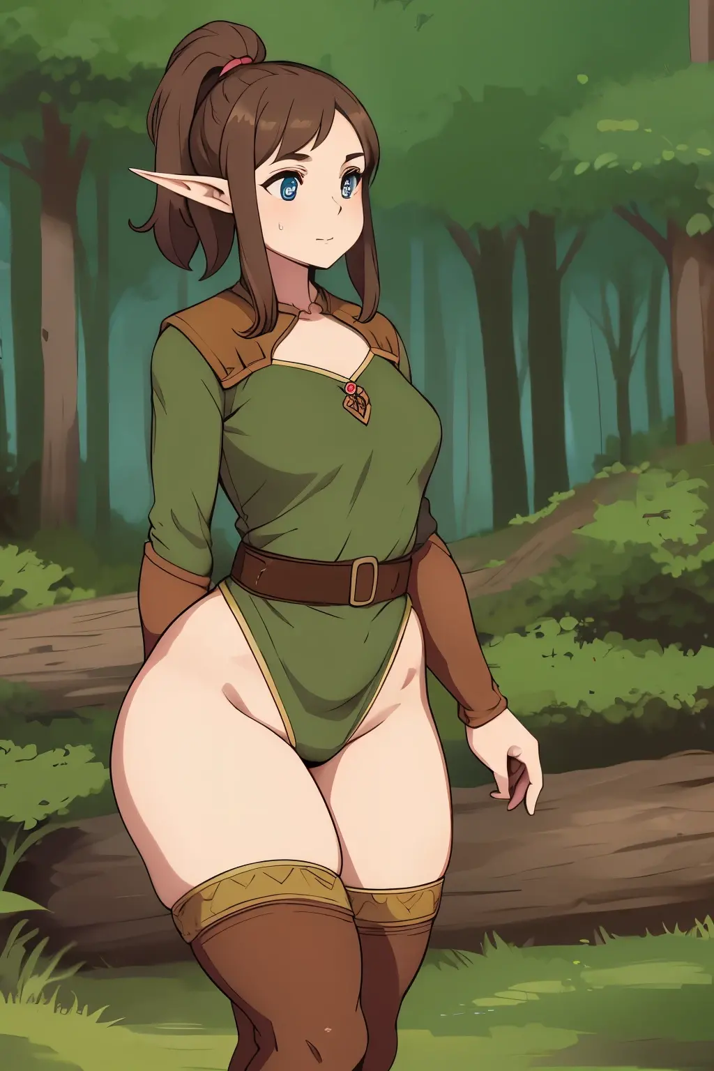 1woman, chubby, wide hips, long brown hair, wearing a fantasy tunic and a mini skirt, standing in the forest, from the front, teasing, small breasts, bottom heavy, adult. big smile, teasing, mature, pointy ears, elf,