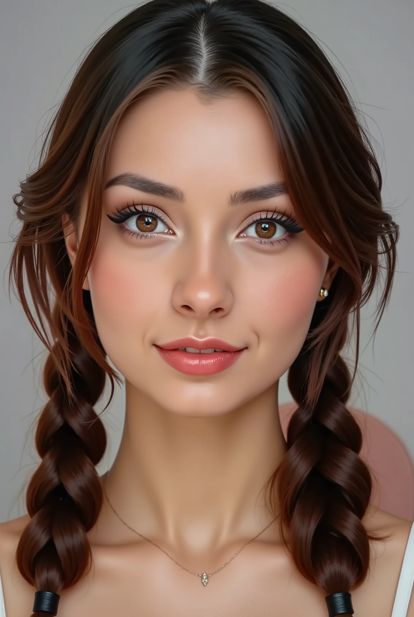 woman posing for a picture, flat grey background, faceshot