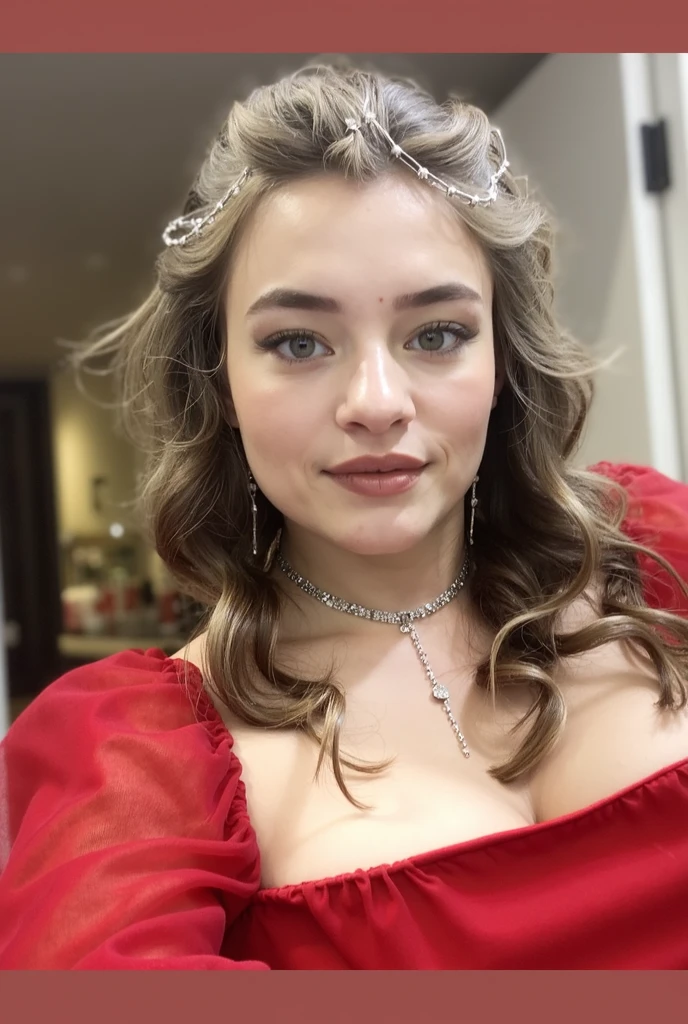 a woman, in simple red dress, in a castle interior, perfect face, clear eyes, perfect day, close up, crown, necklace, [smiling:0.5], <lora:stijnFransen:1>, 8k, uhd, raw, fujifilm xt3, masterpiece