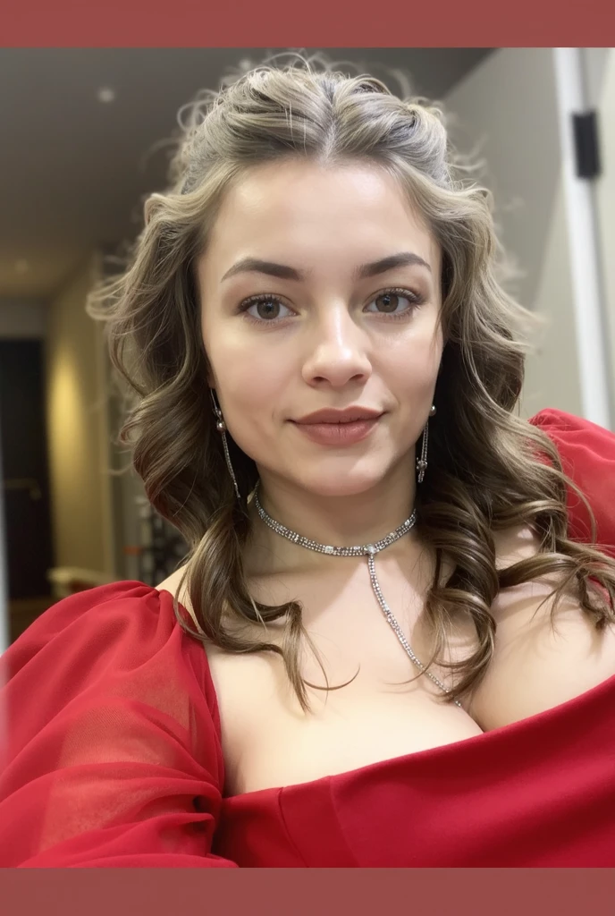 an ultra realistic Beautiful young chubby and busty Australian woman with a huge bust and wide hips laying down in bed. Long blonde yellow golden wavy hair to the right. warm lighting, smiling at the camera. the woman is wearing a red dress sitting at a table with candles and candles, an album cover by Matt Cavotta, instagram, process art, wearing a red dress, wearing a red DRESS, in a red dress, sitting down casually on a chair at a rectangle table. candles on the table. table is in a restaurant. wine glass full of wine on the table