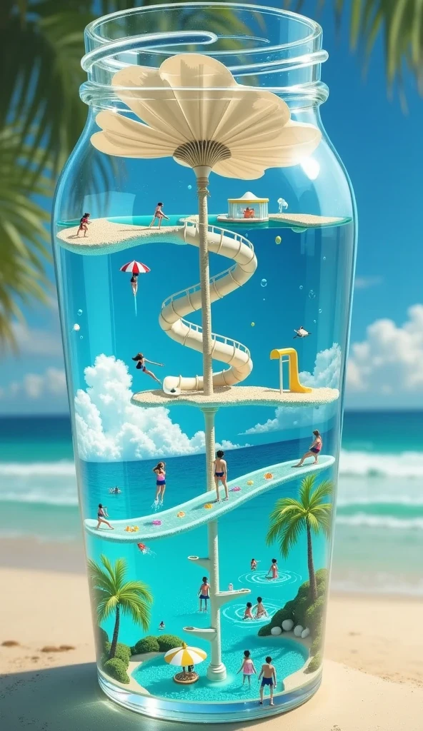 (Water park:1.5),Another world in a glass,a miniature world in a glass,background is beach
