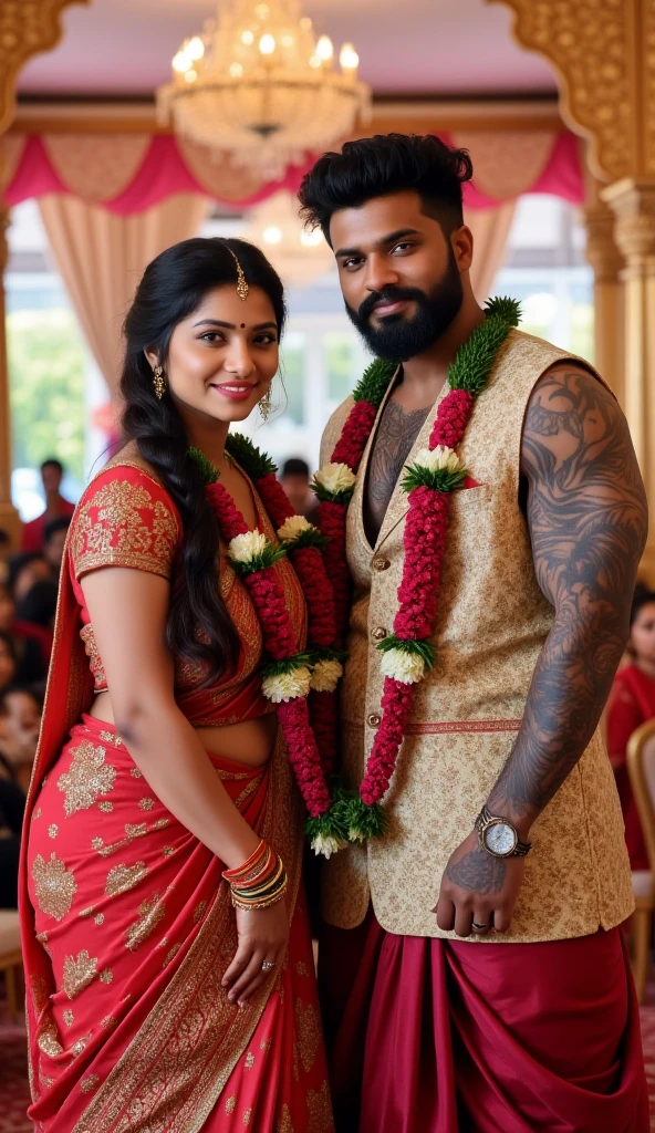 Newly wed indian couple, hot curvy south indian thick milf with black twisted bun hairstyle, big , big hip, big , thick thighs, woman wearing silky saree, indian couple, very short indian brown man with buzz cut, very big muscular body and beard, man wearing shorts, woman with man, couple in a big villa, high resolution, looking at camera, tall woman and short man, close-up potrait, Closed Mouth, couple sitting in sofa