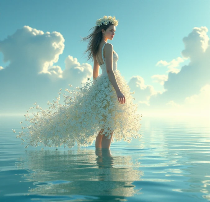 Masterpiece, best quality, (very detailed CG unity 8k wallpaper) (best quality), (best illustration), (best shadows) Nature', blue sea,delicate leaves petals of various colors falling in the air light Tracking, super detailed , 1girl, sexy pose, one hand up, pointing to the sky, madame bovary