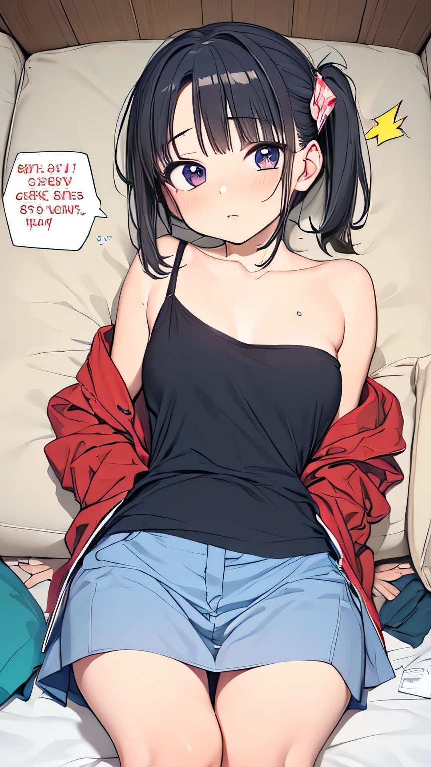 absurderes:1.8, realistic, Unity 8K Wallpaper, Masterpiece, detailed hair, highly detailed, realistic glistening skin、(dark-haired、short hair with long locks、white hairband、Red Eyes、off shoulders、Red Sweater、long-sleeve)、(embarrassed、blush:1.3)、((from below:1.2, white underwear:1.4, masturbation:1.8, spread legs、show underwear))
