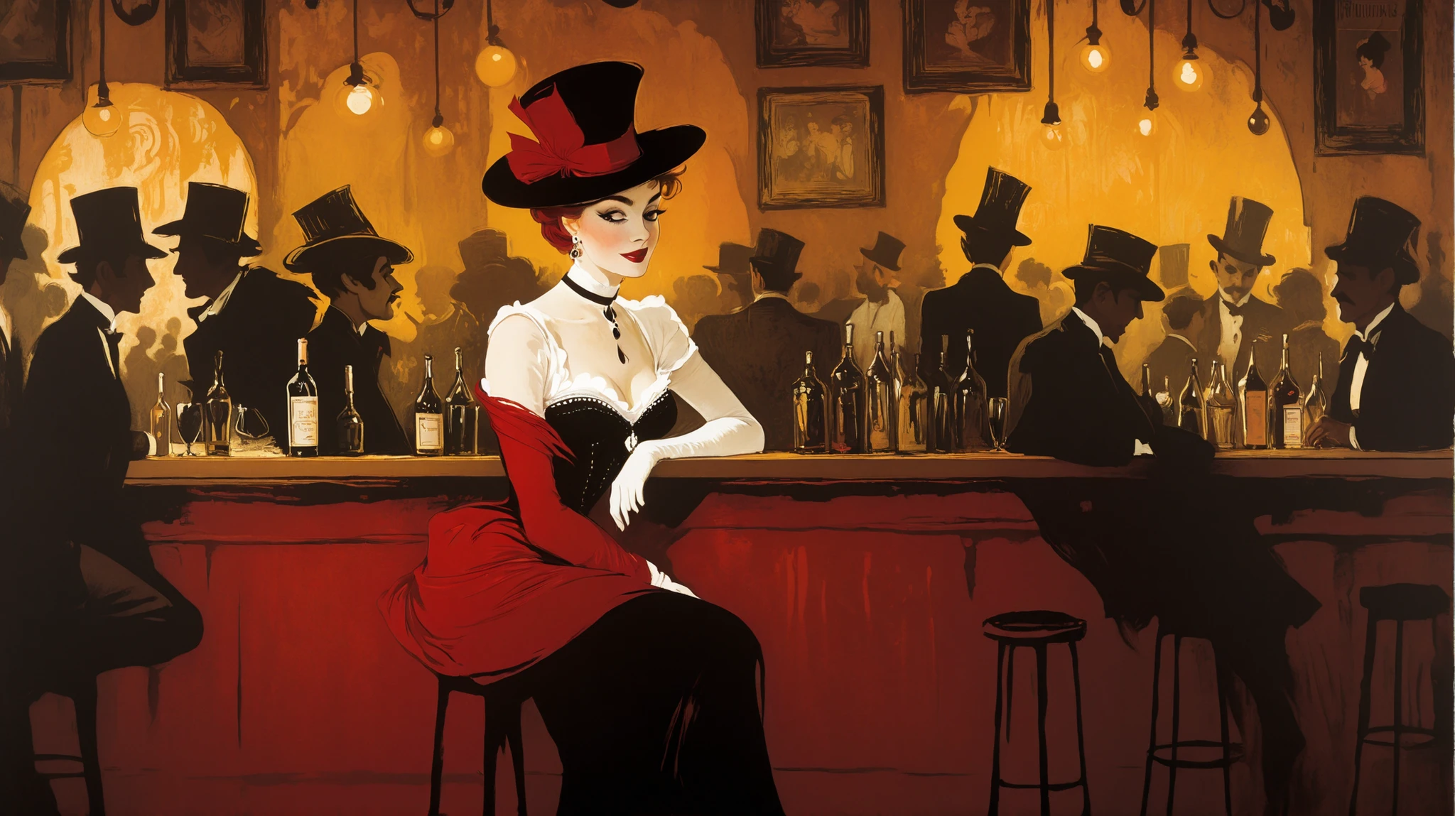 an illustration inspired by Henri Toulouse-Lautrec, a vintage Moulin Rouge poster, a young woman in old-fashioned clothes and a hat sitting at a bar, shadows of instruments and people in the background, dark red, black, and gold color palette, warm lighting, a lively yet intimate atmosphere, no visible facial expressions --v 5 --stylize 1000