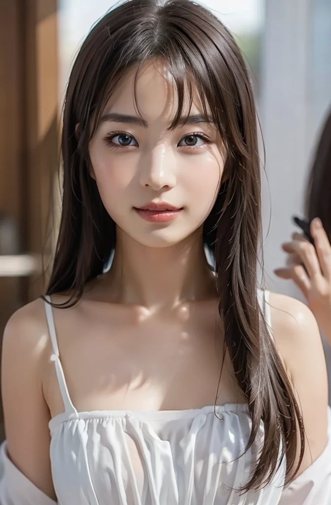 Lying face down on the bed, look at me, 22 years old, Realistic, She is wearing long pants, She is wearing pink pajamas, Brown Hair. camisole、Shorts,Her chest is visible from the front.