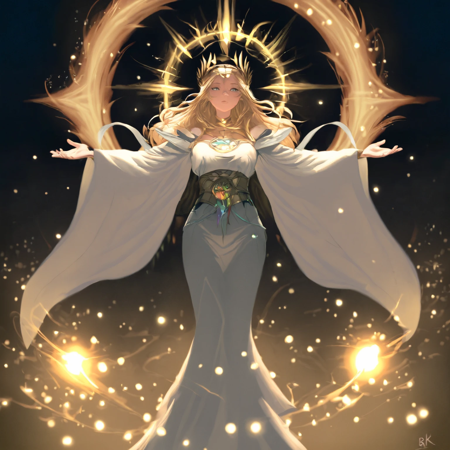 woman, 50 years, A beautiful, curvy woman casts a spell, richly decorated golden dress with, dynamic pose, , pale, her long, golden hair, braided in two braids, flows in the wind., Golden eyes, golden magical effects, particles, Fantasy, Wovarth style, realistic