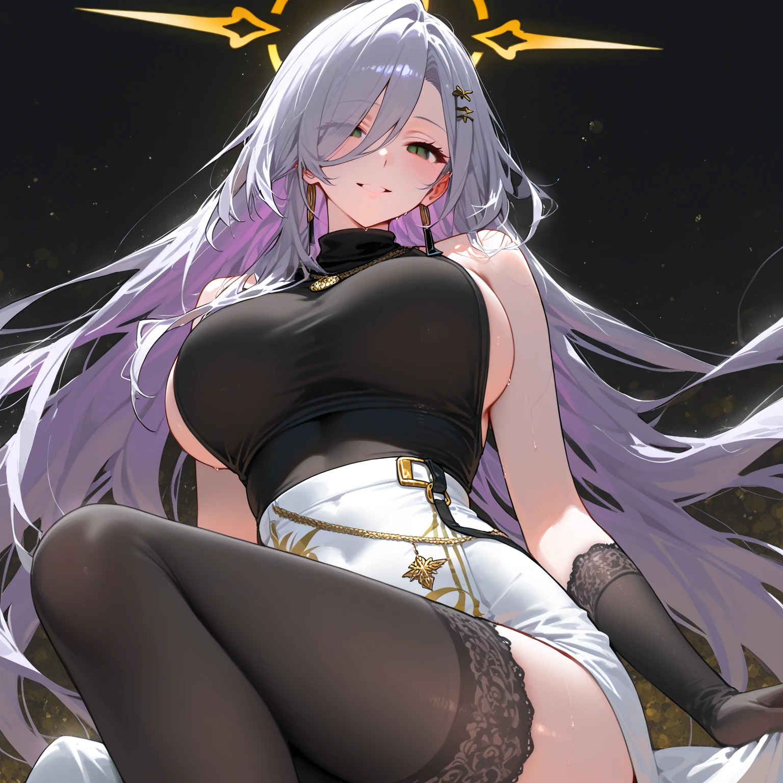 Anime girl with white hair and black clothes sitting on the bed, white-haired god, Digital art on Pixiv, Zero art, 8K high quality detail art, guweiz on pixiv artstation, Guviz style artwork, Soft anime illustration, [ 4K digital art ]!!, Detailed fanart, guweiz on artstation pixiv