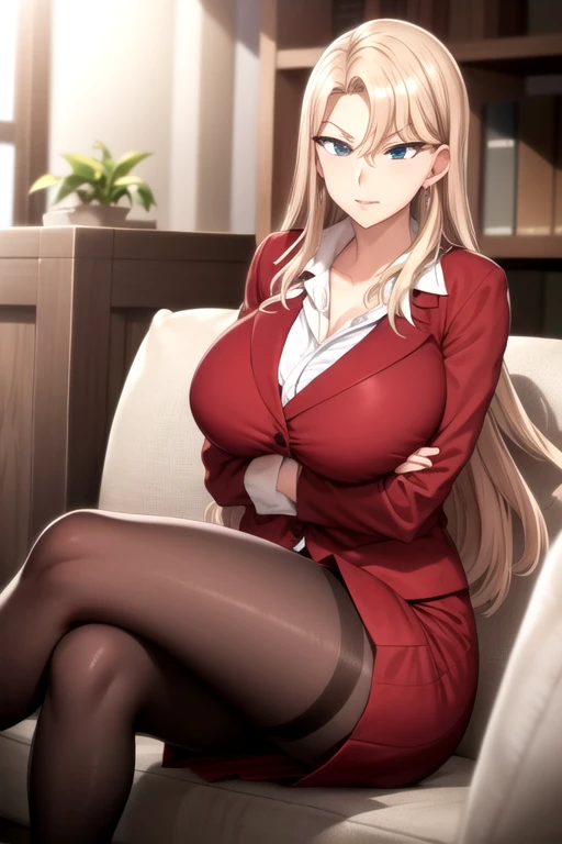 score_9, score_7_up, source_anime, anime screencap, BREAK 1female, ReikaKurashiki, blonde hair, long hair, blue eyes, (large breasts:1.3), long torso, red jacket, (collared shirt:1.1), collarbonea, (cleavage:0.7), red pencil skirt, pantyhose, sleeve cuffs, BREAK indoor, house, (laying down on couch, in personal office, sunset lighting, angry expression, image from above, slight tears on side of eyes),