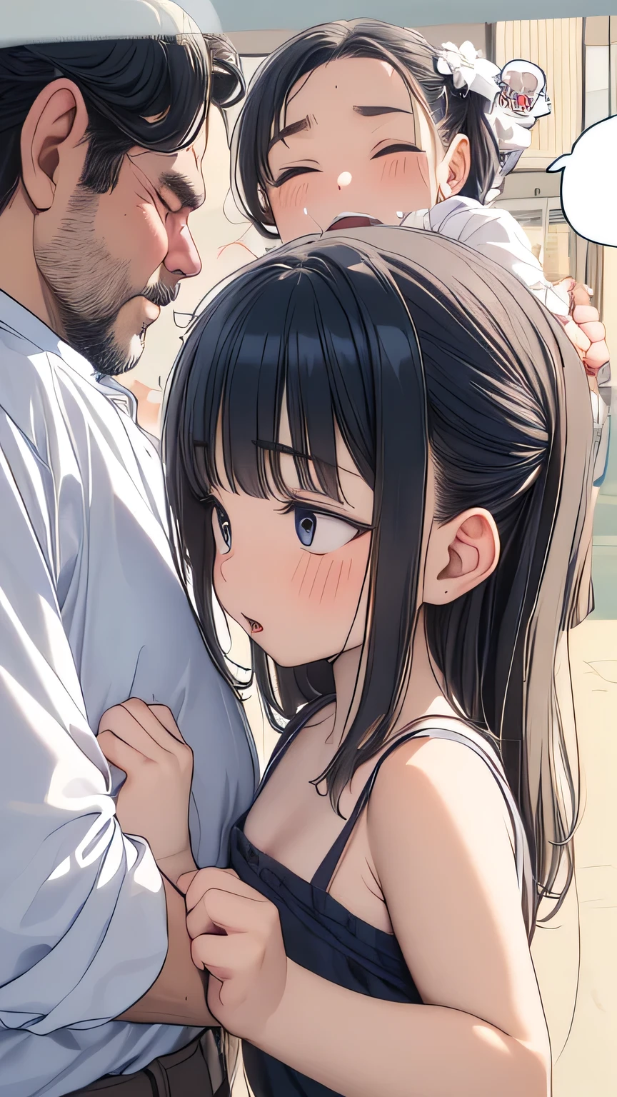 One big girl Obscene Girl punches middle-aged man in the face obscene sound effect speech bubble motion for middle-aged men and is wearing clothes