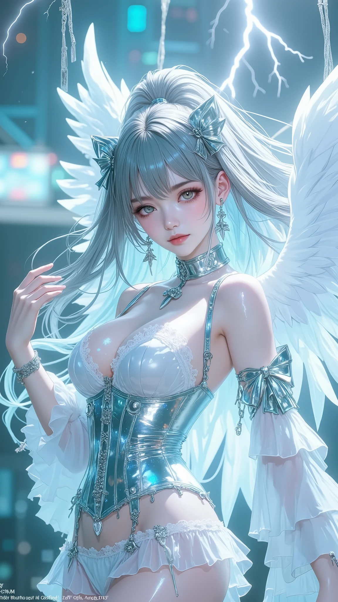 (Photorealistic:1.4), (Masterpiece, Sidelight, Exquisite Beautiful Eyes: 1.2), Masterpiece*Portrait, Realistic, 3D Face, Glistening Eyes, Glossy Hair, Glossy Skin, Solo, Embarrassing, (Abdomen), A fallen ang,sitting with her wings drooping in a dark,ethereal landscape filled with mist and shadowy figures,she has long dark hair,pale skin,and silver eyes,her tattered wings add to the sense of melancholy,the background is dim with eerie lighting and hints of moonlight,creating a haunting atmosphere