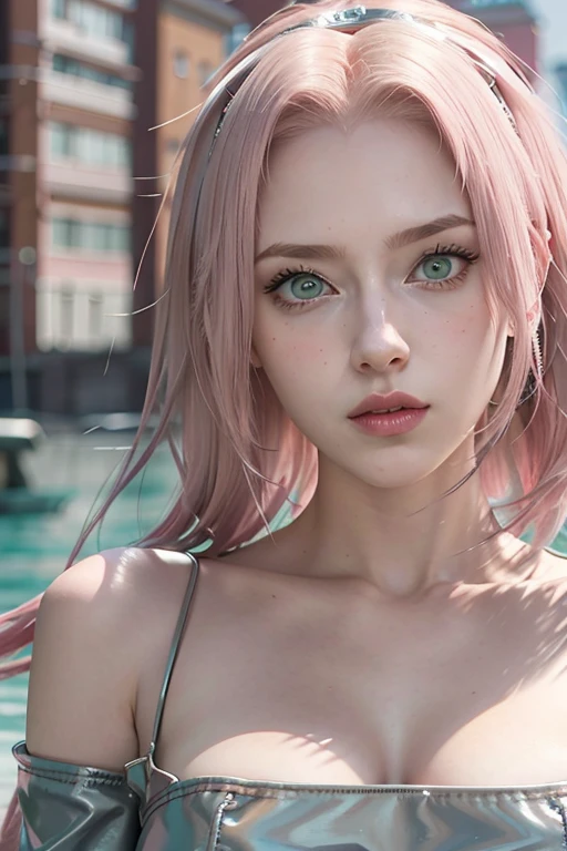 young woman, long pink hair, wide forehead, porcelain skin, pink eyebrows, big emerald green eyes, buttoned nose, thick lips, heart-shaped face, slender body, small breasts, pink leather dress, Sakura Haruno, realistic, realism black details 3d