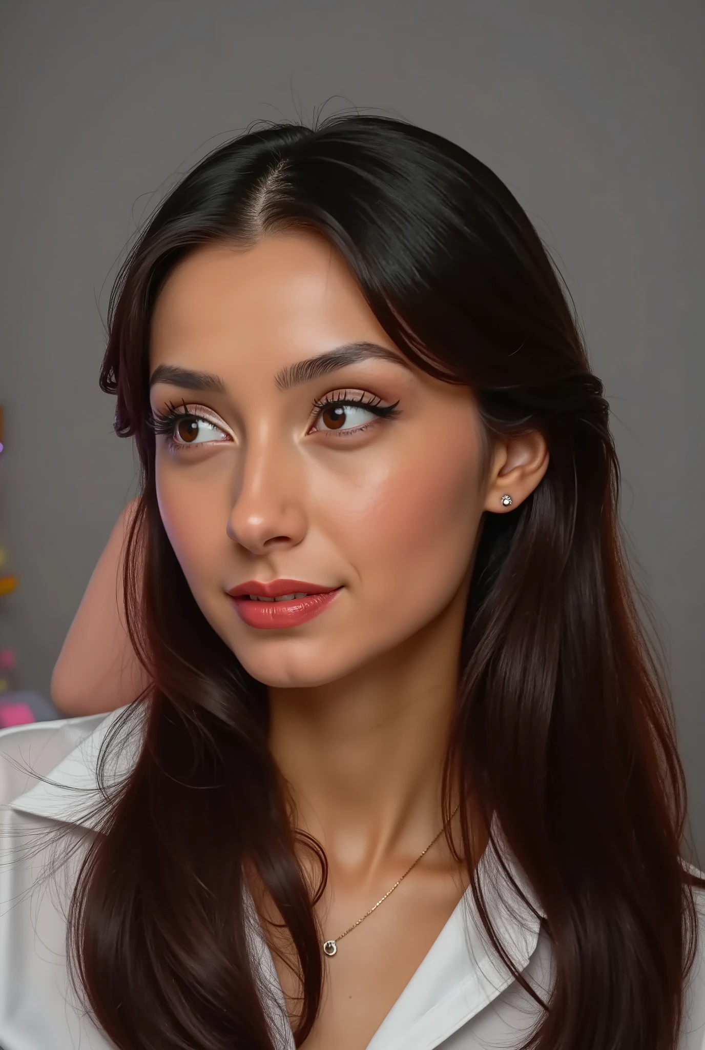 woman modeling for a picture, flat grey background, faceshot, loking away