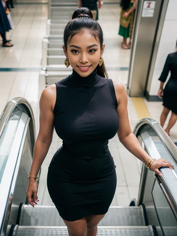 ((from above)),((Woman posing on escalator)),
(wearing a sleeveless knit dress:1.2),((longshot:1.3)),(earrings,Sexy smile),((darkskinned:1.2)),top-quality,masutepiece,8K,Photorealsitic,((top knot)),((forehead)),(Thai Women:1.7),(Colossal tits:1.6),big breasts thin waist、