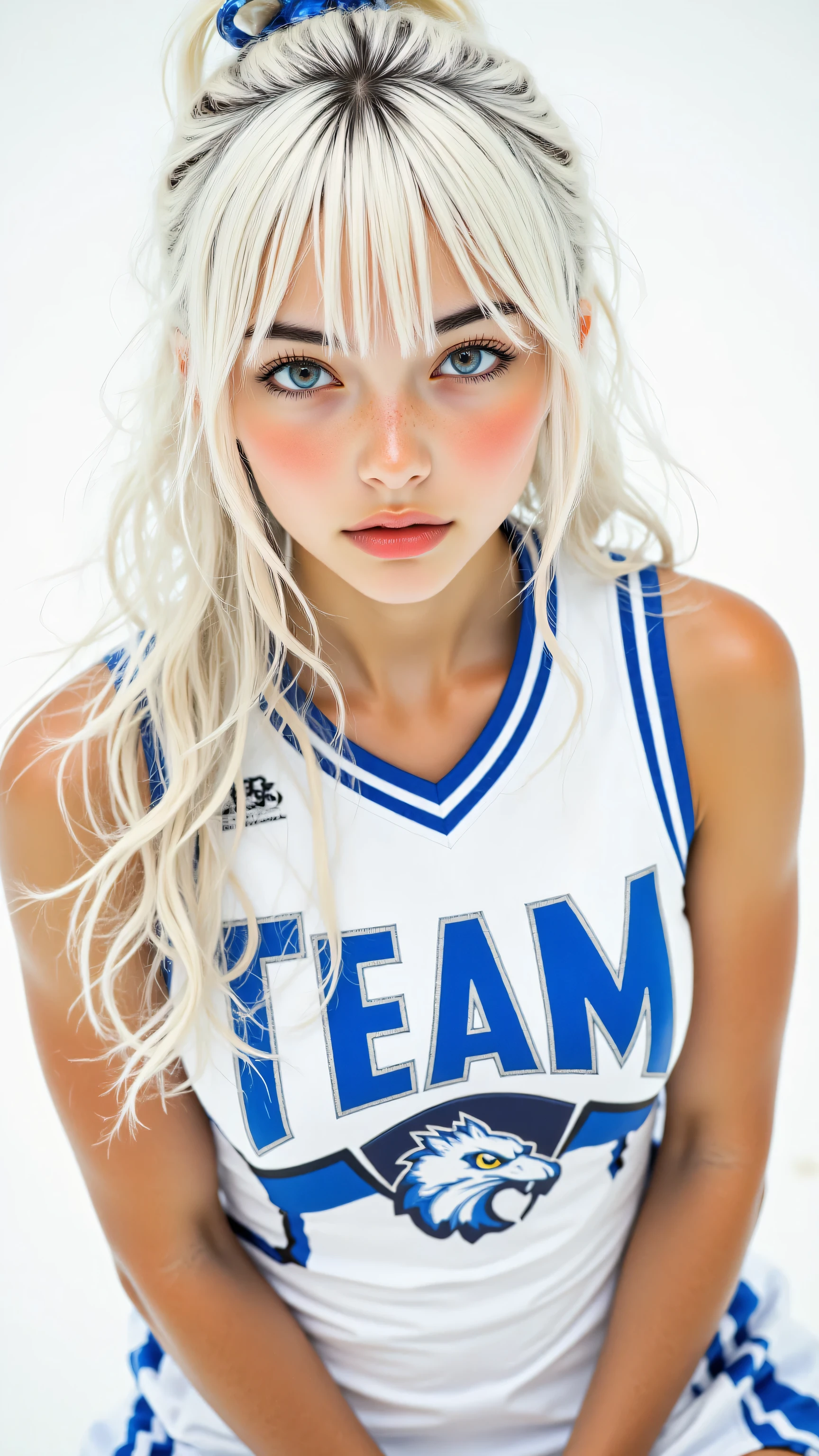 8k, Masterpiece, Top Quality, medium shot, high angle, woman, long white hair with bangs and blue hair tie, light blue eyes, tanned skin, demure expression, looking up at viewer, wearing white and blue cheerleader uniform with team lettering, hands clasped, bright clean lighting, plain white background.