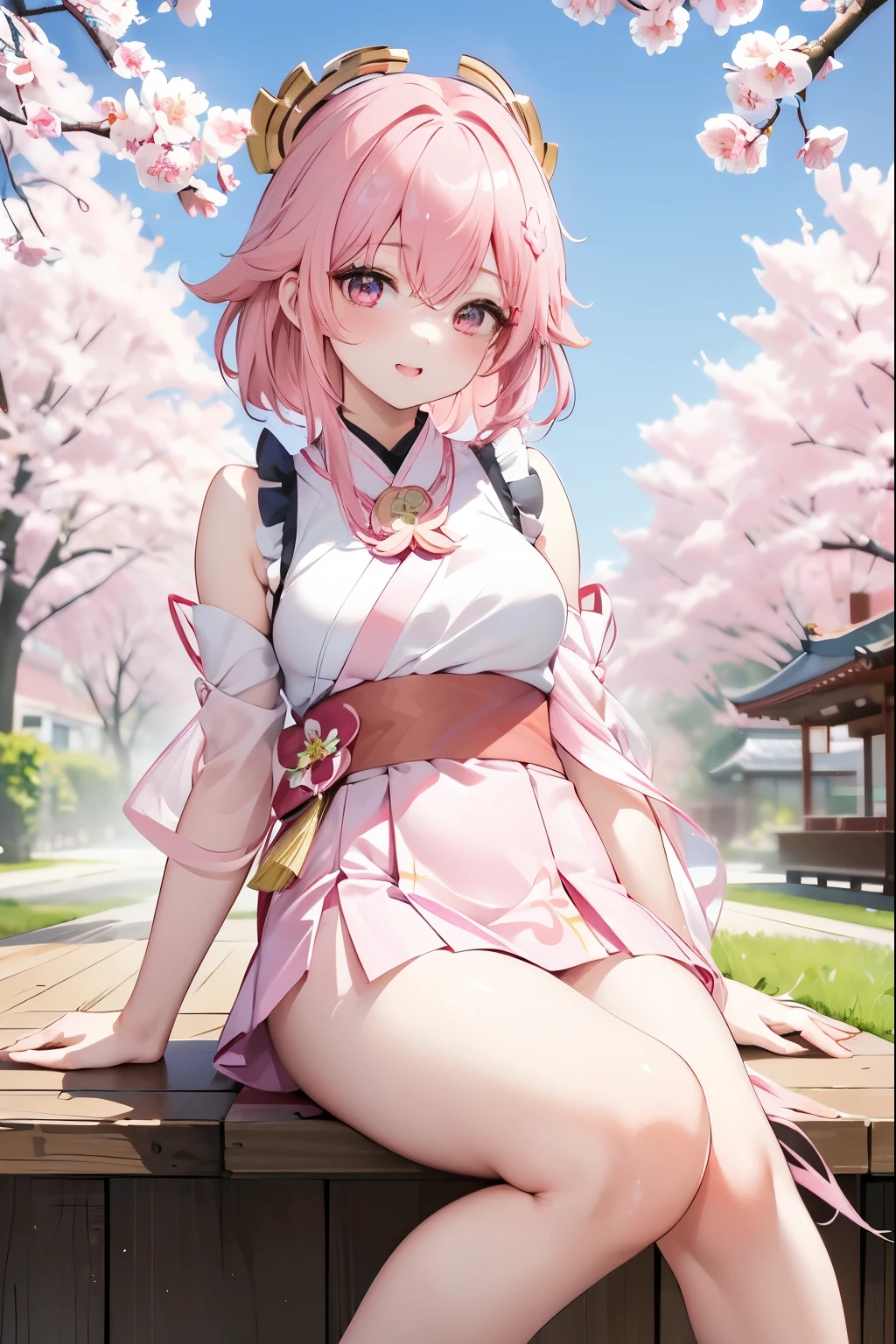 ((Masterpiece)),((high resolution)),((Best Quality)),Anime illustration,(((1girl))),,(wavy hair),(short hair),(pale pink hair color),small ponytail,Red eyes,(Big round eyes),((tareme)),15 years old,((loli face)),((very big breasts)),Short stature,,kimono,mini skirt,smile,Ladylike,cherry blossoms,