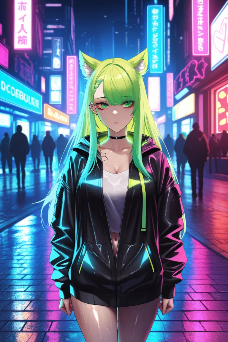 masterpiece, best quality, highres, 1girl, rebecca \(cyberpunk\), solo, long hair, mechanical eye, colored sclera, red sclera, colored skin, white skin, leg tattoo, neck tattoo, green hair, long hair, small breasts, underwear, fang, red pupils, skin fang, red eyes, black jacket, standing, cowboy shot, from side, field,