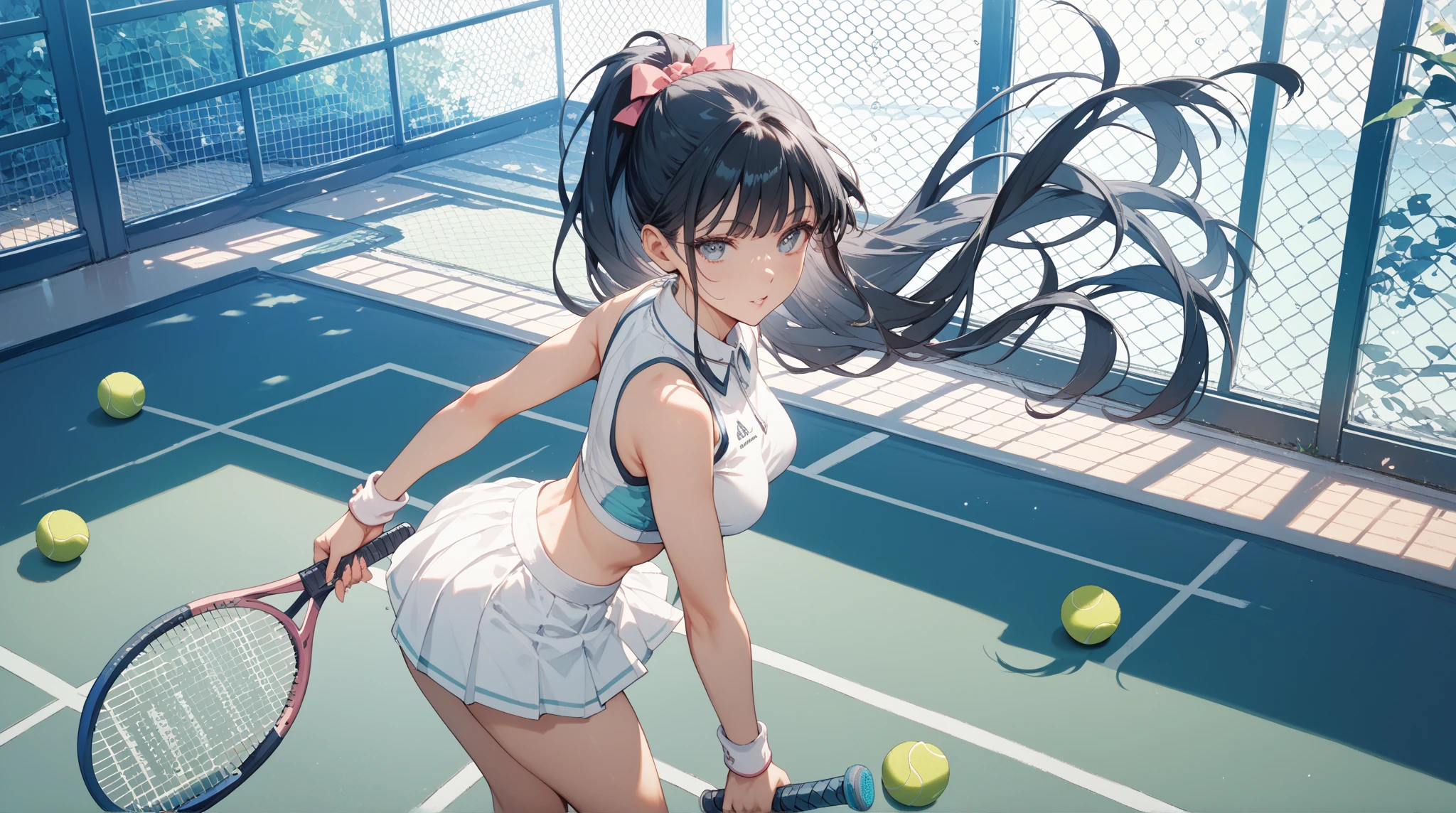 ((best quality)), ((masterpiece)), (detailed), perfect face, (best quality), (detailed skin:1.3), (intricate details), (Female tennis player), jumping, sweat pouring out, a scene during the game, tifa lockhart, cowboy shot, Tennis court, side ponytail