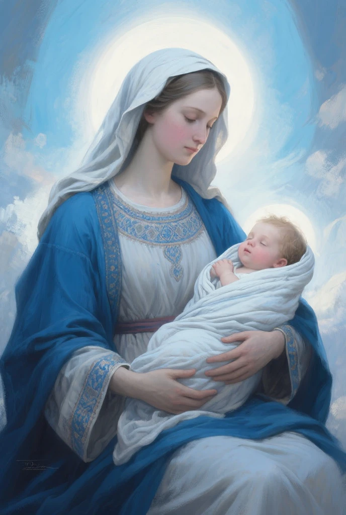 Drawing of a woman holding a child in her arms, Virgin Mary, Toddler with Jesus, Mother, Queen of Heaven, Beautiful Art, painting of beautiful, Beautiful depiction, Portrait of the Virgin Mary, Catholic Religious Art, rosen maiden, Sacred and beautiful, with a blue background, Boregov, guweiz masterpiece, religious art, Christian art, religious painting